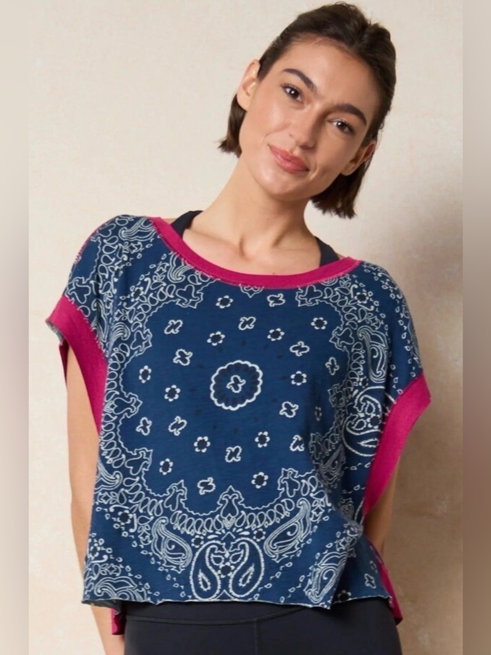 Natural Life Indigo Bandana Cut Out Tee Oversized Small NWT Boho Open Back